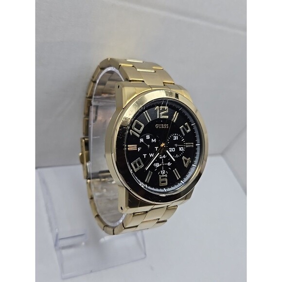 Mens Guess Steel Gold Tone 44mm Day Date Watch 100M Quartz New Battery Classic - Picture 3 of 13
